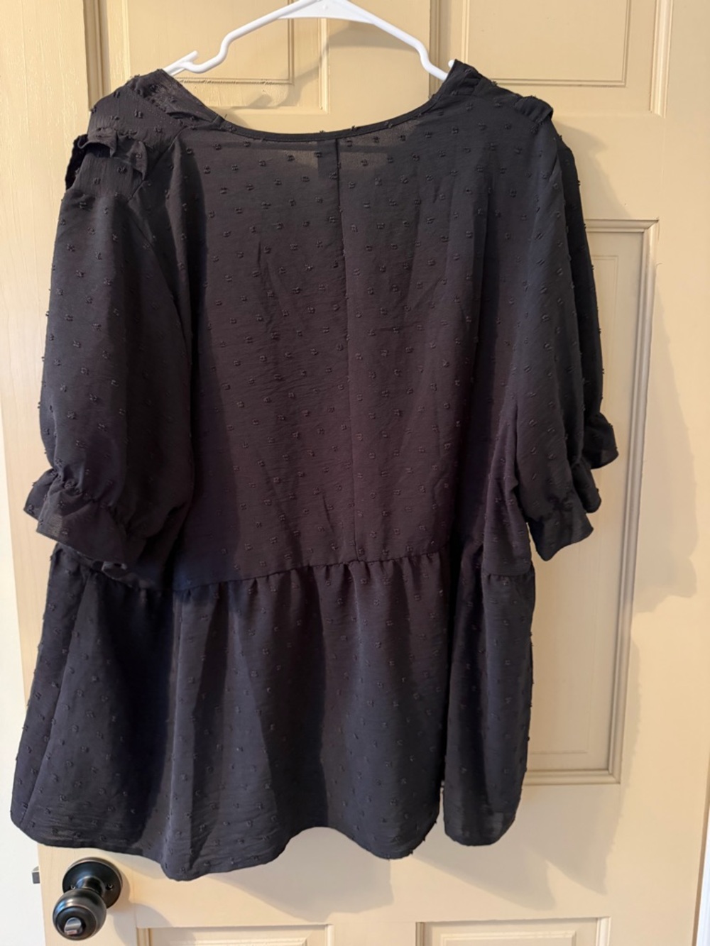 SHEIN Black Swiss Dot Peplum Blouse with Puff Sleeves - Picture 5 of 5